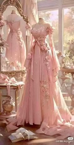 Fairy Long Gown, Pink Fairy Dress Long, Historical Manhwa Outfits, Pink Fairy Wedding Dress, Pink Fairytale Aesthetic, Spring Court Dress, Pink Royal Dress, Princess Ball Gowns Fantasy Fairytale