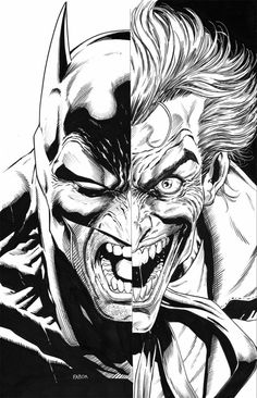 the joker and batman's face are drawn in black and white ink on paper