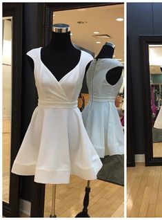 This Dress is fashionable for every occasion. the dress is made-to-order by professional tailors. You can choose from 50 colors, Regular sizes 2 to 16 and plus sizes 14w to 26W. Custom size is also available.. The product details: Color: White, Silhouette: A-Line, Neckline: V-Neck, Waistline: Natural Waist, Length: Short, Primary Fabric: Satin Fitted Mini V-neck Wedding Dress, White Fitted V-neck Cocktail Dress, Fitted V-neck Mini Dress For Wedding, White Fitted A-line V-neck Dress, Fitted White V-neck Cocktail Dress, Expensive Prom Dresses, White Homecoming Dress, Short Satin Dress, Short Homecoming Dresses