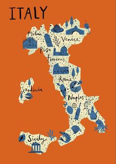 an orange poster with the words italy written in different languages