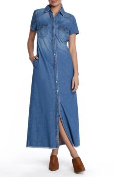 Reach for this nonstretch denim maxi dress when you need a quick, polished look without sacrificing comfort. A Western yoke, light fading and frayed hem further the effortless perfection. 51" length (size Medium) Front button closure Spread collar Short sleeves Unlined Chest button-flap patch pockets; side-seam pockets 100% cotton Machine wash, tumble dry Imported Long Denim Dress, Alex Mill, Airy Dress, Cotton Poplin Dress, Denim Maxi Dress, Denim Short Dresses, Womens Denim Dress, Denim Maxi, Poplin Dress