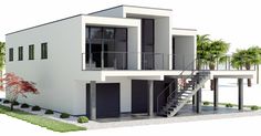 an artist's rendering of a two story house with balconies and palm trees