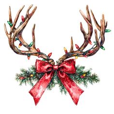 a reindeer's antlers with red bows and christmas lights on their horns, watercolor