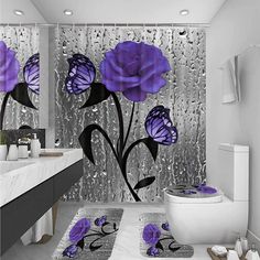 PRICES MAY VARY. 💜【ART DECOR】: This elegant purple rose with butterfly and raindrops shower curtain can keep waterdrops within the showering area and keep the other area dry all the time.It's an great decor for your bathroom,It will creat an fresh look for your bathroom. 🛀【Good MATERIAL】: This purple rose shower curtain is made of our selected polyester fabric,has a good soft effect.The bathroom mats is made of our customized coral fleece with bright patterns,which is thicker/comfy/and do not Purple Bathroom Ideas, Flower Bathroom Decor, Rose With Butterfly, African Shower Curtain, Purple Bathroom Accessories, Flower Bathroom, Roses Butterfly, Purple Bathroom Decor, Purple Bathroom