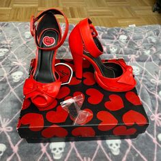 These Are Brand New! Never Wore Them. They’re So Beautiful But They’ve Been In Storage For A While Now I Figured I May As Well Just Sell Them... They Come With An Extra Bottom Heel Shown In Little Bag With Shoes #Tuk #Tukshoes #Pinup #Heels #Bowheels Red Heels With Round Toe And Bow, Retro Party Heels With Red Sole, Retro Red Sandals With Round Toe, Peacock Heels, Skull Heels, Turquoise Heels, Suede Creepers, Teal Heels, Floral Pumps