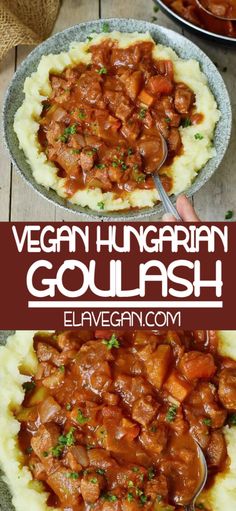 vegan hungarian goulash with mashed potatoes and carrots