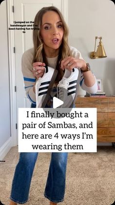 Merrick White / Style Educator on Instagram: "4 ways I’m wearing my new Adidas Sambas sneakers…I finally jumped on the bandwagon! Which outfit do you want to copy??  If you have a pair as well, and need some outfit ideas, I hope this is helpful.  Looking for links? Comment below with the word LINK and I’ll send you a DM with links to all these outfits.  Also, I know sizing is funky for the sambas, but for this pair, they fit very true to size and are VERY comfortable. No break in time required.  #4wayswithmerrick" Jeans Samba Outfit, Adidas Samba Office Outfit, Samba Addidas Outfits Women, Adidas Shoes Samba Outfit Women, Women Samba Outfit, Jeans With Sambas, How To Dress Up Tennis Shoes, Grand Court Alpha Sneaker Outfit, Socks To Wear With Sambas