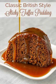 a close up of a piece of cake on a plate with caramel drizzle