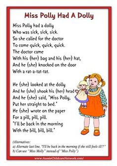 Nursery Rhymes Printables, Circle Songs, Aussie Childcare Network, Miss Polly Had A Dolly, Nursery Rhymes Lyrics, Rhymes Lyrics, Nursery Rhymes Activities, Rhyming Poems, Nursery Rhymes Preschool