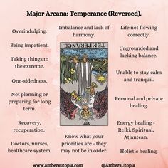 Temperance, in reversed position from the Major Arcana suit in the tarot deck and its meanings, including the astrology and numerology meanings.

#Temperance #MajorAcarna #TarotCardMeanings #Tarot Temperance Reversed, Temperance Card, Temperance Tarot Card, Temperance Tarot, Arcana Tarot, The Major Arcana