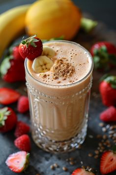 Banana and strawberry smoothie topped with banana slices, a strawberry, and a sprinkle of cinnamon in a textured glass. Yogurt Substitute, Recovery Smoothie, Delicious Smoothie Recipes, Fun Straws, Smoothie Packs, Nutritious Smoothies, Yummy Smoothie Recipes, Spinach Smoothie, Easy Smoothie Recipes