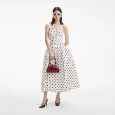 Cream Polka Dot Taffeta Midi Dress – self-portrait-US Strapless Polka Dot Party Dress, Retro Polka Dot Evening Dress, Retro Polka Dot Dress For Evening, Chic Strapless Polka Dot Dress, Elegant Strapless Polka Dot Dress, Chic Polka Dot Midi Dress, Chic Polka Dot Evening Dress, Chic Evening Dresses In Polka Dot, Sleeveless Polka Dot Midi Dress For Evening