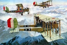 four airplanes are flying over the mountains in formation with people on top of one plane