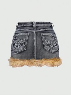 Sexy Mini Denim Skirt With Fringes Pockets And Sequins Embroidery Black Casual   Denim Colorblock Bodycon Medium Stretch  Women Clothing, size features are:Bust: ,Length: ,Sleeve Length: Mini Denim Skirt, Sequin Mini Skirt, Denim Skirt Women, Chic Leather, Sequin Mini Skirts, Retro Hairstyles, Sequins Embroidery, Sequin Mini, Bow Hair Clips