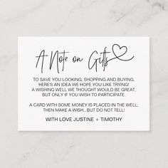 a note on gift card with the words, not on gifts to save you looking, shopping and buying