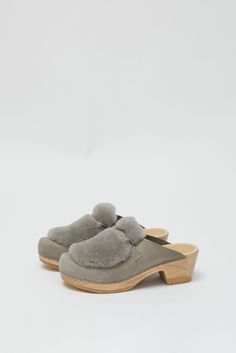 No.6 Billie Fur Clog on Mid Heel in Mist Winter Slip-on Mules With Leather Sole, Winter Leather Sole Slip-on Mules, Winter Mules With Rubber Sole And Round Toe, Winter Clogs With Wooden Heel And Round Toe, Winter Sheepskin Slip-on Clogs, Winter Comfortable Clogs With Suede Lining, Winter Clogs With Suede Lining, Sheepskin Clogs With Leather Footbed And Round Toe, Winter Clogs With Suede Lining And Comfortable Style