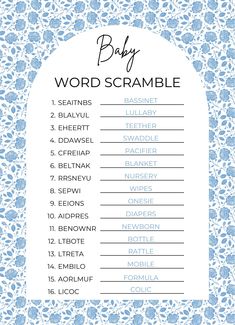 the baby word scramble is shown in blue and white with an ornate border around it