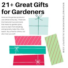 the cover of an article about gifts for gardeners, featuring colorful boxes with ribbons and bows