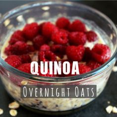 quinoa overnight oats with raspberries in a glass bowl