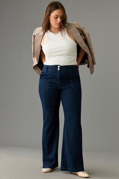 Naomi is a natural. These fan-fave flares are offered in a polished wide leg and high rise. | The Naomi High-Rise Wide-Leg Jeans by Maeve in Blue, Women's, Size: 28, Cotton/Elastane at Anthropologie Elegant Wide Leg Flare Jeans For Work, Chic Wide Leg Flare Jeans For Work, Chic High Rise Flares For Workwear, Chic Flare Jeans For Workwear, Spring Workwear Wide Leg Flares, Chic Wide Leg Flares For Fall, Chic Wide-leg Flares For Fall, High Rise Wide Leg Jeans, Wide Leg Jeans