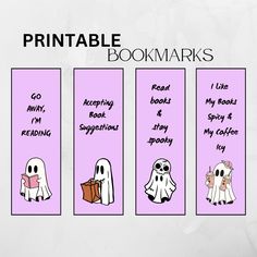 three bookmarks with ghost characters on them and the words printable books written in different languages