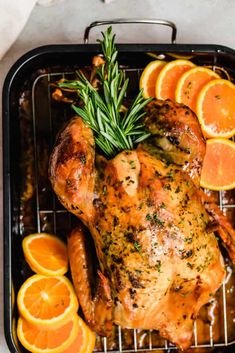 a roasted chicken with oranges and rosemary garnish on a grill grate