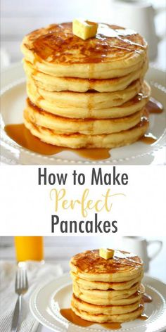 pancakes with butter on top and syrup drizzled over them