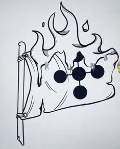 a drawing of a flag with flames coming out of it