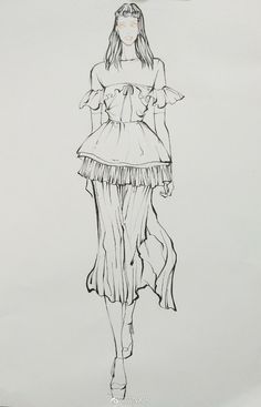 a drawing of a woman in a dress with long sleeves and ruffles on the skirt