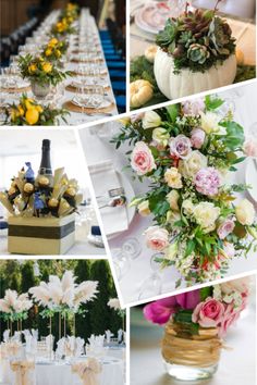 a collage of photos with flowers and wine bottles on them, including champagne glasses