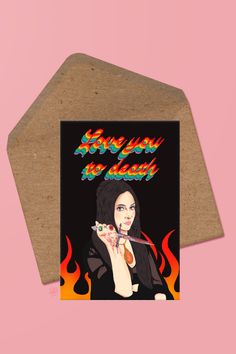 A stunning vintage inspired card by whatmabeldid. Featuring a portrait of the love witch herself, Elaine, this card would make an adorable alternative valentine's day card, or just to tell someone that you love them to death! #whatmabeldid #lovewitch #thelovewitchaesthetic #vintsgetypography #70sillustration #anabillerlovewitch #retrofilms #samantharobinsonlovewitch #lanadelrey #lanadelreyaesthetic #witchcraftillustration The Love Witch, Samantha Robinson, Say Love You, Pink Envelopes, Vintage Horror, Funny Valentine