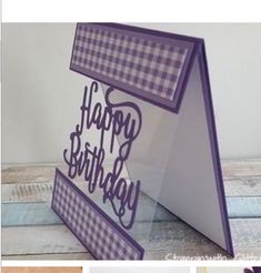 a purple and white card with the words happy birthday on it