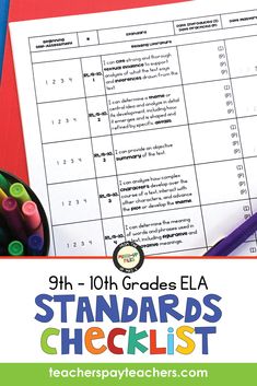 the 9th grade ela standards checklist with markers and pencils