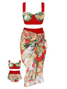 [Pre-Sale] 3PCS Red Retro Lady Bikini Set – Retro Stage - Chic Vintage Dresses and Accessories Red Hawaiian Swimwear For Poolside, Retro Print Swimwear For Beach Season Vacation, Retro Print Swimwear For Summer Beach, Retro Party Swimwear Fitted, Retro Red Swimwear For Spring, Retro Red Swimwear For Poolside, Retro Print Swimwear For The Beach, Red Retro Swimwear For Poolside, Retro Print Swimwear For Beach