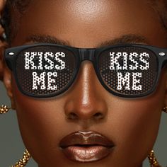 Black and white retro sunglasses with text "Kiss Me".  Great party accessory for a fun girls night out. Sunglasses With Text, Black Retro Sunglasses, Google Glasses, Black And White Retro, Smart Glasses, Black Retro, Shades Sunglasses, Stylish Sunglasses, Retro Sunglasses