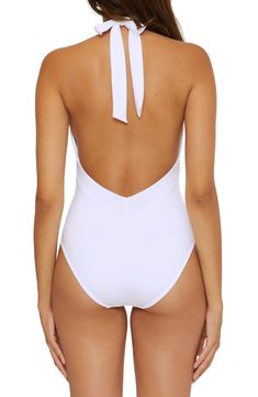 A low back brings sunny flair to this plunging one-piece swimsuit. Ties at neck Halter plunge neck Adjustable tie straps Moderate back coverage 83% nylon, 17% spandex Hand wash, line dry Imported One Piece Swimsuit White, Plunging One Piece Swimsuit, White Swimsuit, Beauty Services, Fragrance Design, Trina Turk, Sam Edelman Shoes, Bold Fashion, Low Back