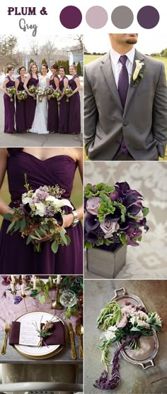 purple and green wedding color palettes for the bride's bouquet, groomsmid suit