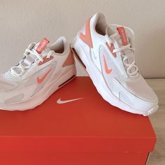 New Nike Airmax Shoes Women’s 8.5 Youth7 White Peach Great Quality Orange Sneakers With Removable Insole And Round Toe, Orange Low-top Sneakers With Removable Insole, Airmax Shoes Women, Sporty Orange Sneakers With Removable Insole, Peach Low-top Sports Sneakers, White Synthetic Running Shoes With Removable Insole, Sporty Peach Lace-up Sneakers, Peach Lace-up Sneakers For Sports, Nike Airmax Shoes