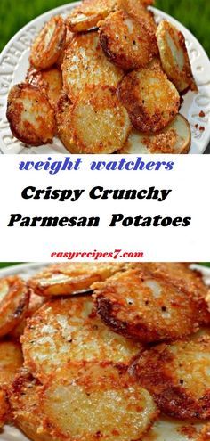 two plates with potatoes on them and the words weight watchers crispy crunchy parmesan potatoes