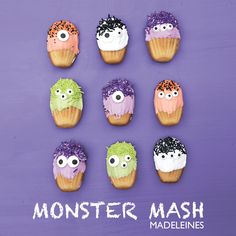 there are twelve cupcakes with different colored frosting and decorations on them that say monster mash