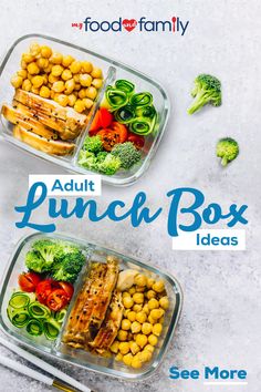 two plastic lunch boxes filled with different types of food and the words, adult lunch box ideas see more