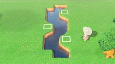 an animal crossing a small stream in the middle of a green field with trees and grass