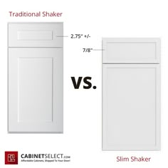 the kitchen cabinet door and drawer sizes are compared to each other in this image, there is an additional shaker