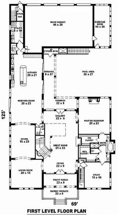 the first level floor plan for a home with two story rooms and an attached garage