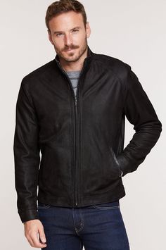 With a handsome drape and a refined yet sporty style, the Zachary takes you from date night to downtown events with cool confidence. This zip-front leather jacket is made from Italian nubuck lambskin leather that's been embossed for a unique pattern and soft, sueded feel. Smooth lambskin leather trims the pockets, collar, and inside the cuffs and front zipper. Slight padding in the shoulders lends all-day comfort, while two inner and two outer zip pockets offer space for your wallet, keys, and p Leather Jacket With Suede Overlays, Casual Leather Jacket With Suede Overlays, Fitted Leather Jacket With Suede Overlays, Flowers Market, Biker Coat, Hooded Faux, Leather Jacket Style, Lambskin Leather Jacket, Clothing Jeans