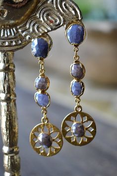 THE OLYMPIA EARRINGS /// Blue & Pink Gold Sapphire Dangle Earrings, Gold Sapphire Drop Earrings, Bohemian Gold Faceted Earrings, Gold Sapphire Earrings For Wedding, Bohemian Necklace, 24kt Gold, Earrings Blue, Buy Handmade, Bohemian Jewelry