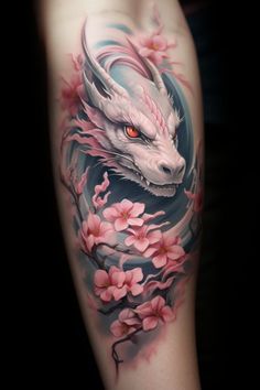 Tattoo gentle dragon with flowers in color realism on female forearm Pink Dragon Tattoo For Women, Pink Dragon Tattoo, Dragon And Flower Tattoo, White Dragon Tattoo, Pasta Tattoo, Dragon Tattoo With Flowers, Plant Dragon, Dragon Head Tattoo