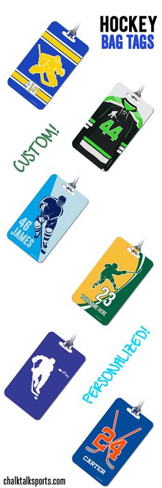 the hockey bag tags are all different colors and sizes, including blue, yellow, green, white, and black