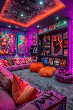 the room is decorated in neon colors