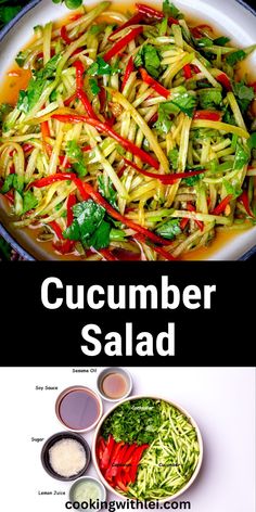 the ingredients for cucumber salad are in bowls and on plates, along with an image of broccoli slaw